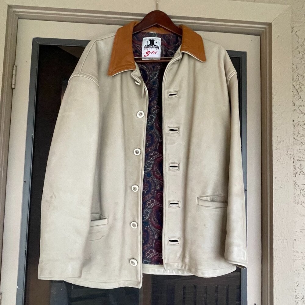 Vintage Soho NYC Buffalo Chips Beige Leather Western Wear Mens Jacket